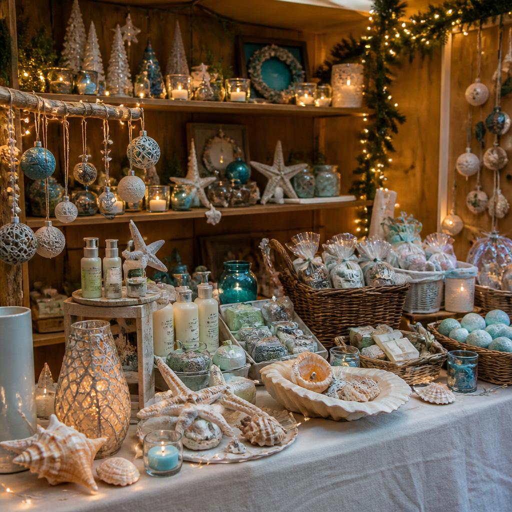Themed craft booth with ornaments, candles, and coastal decorations